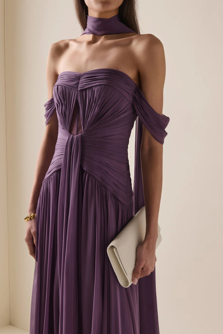 Annabelle Purple Off Shoulder Ruched Maxi Dress with Twist Front