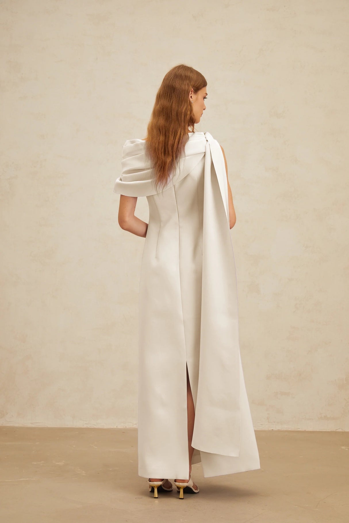Annabelle White CapeDesign Ribbon Maxi Dress