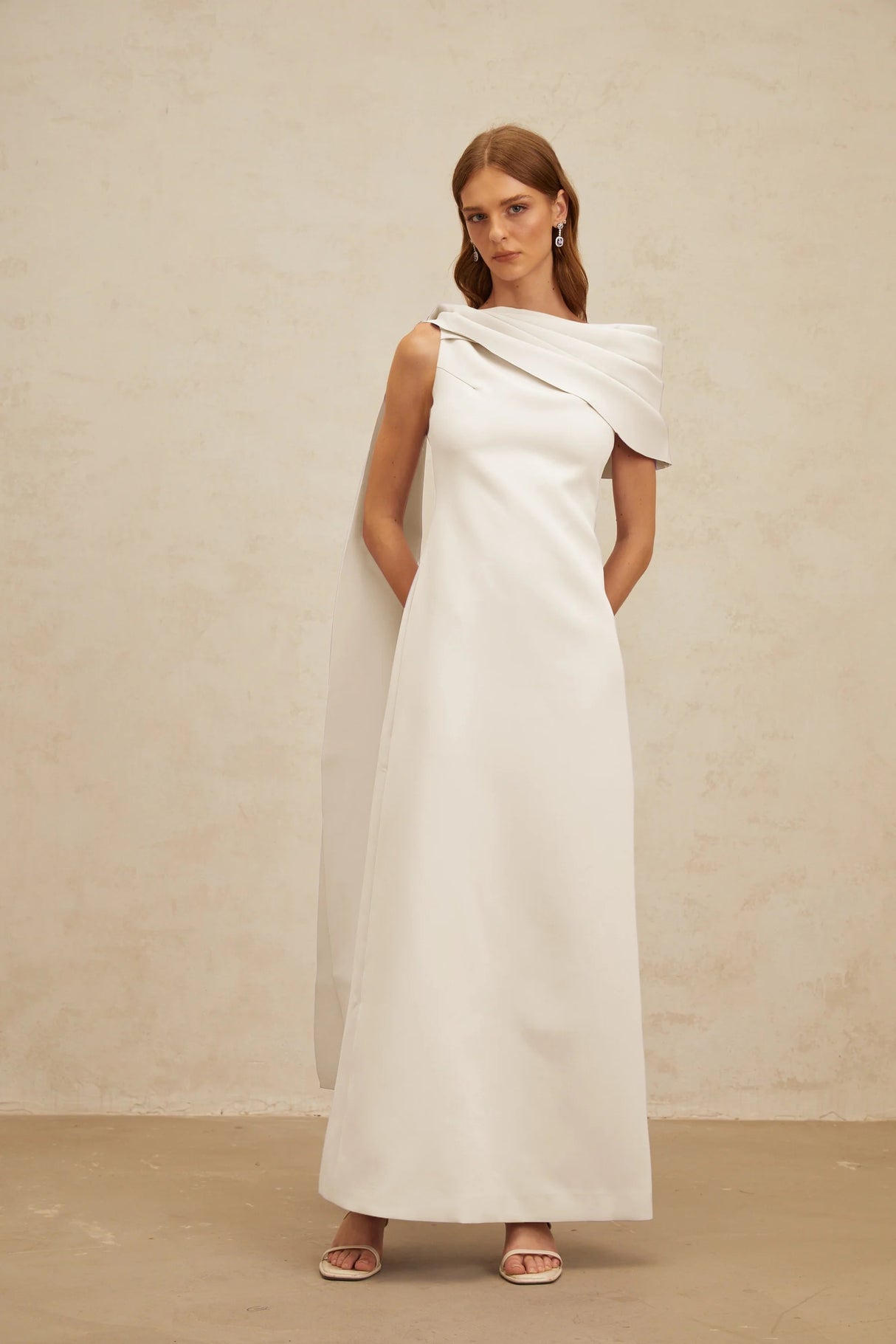 Annabelle White CapeDesign Ribbon Maxi Dress