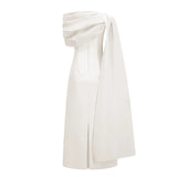Annabelle White CapeDesign Ribbon Maxi Dress