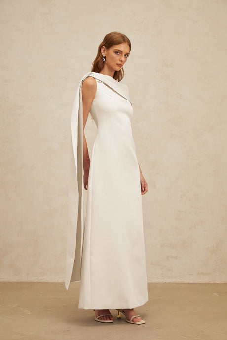 Annabelle White CapeDesign Ribbon Maxi Dress