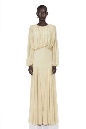 Annabelle Yellow Lantern Sleeve Pleated Maxi Dress