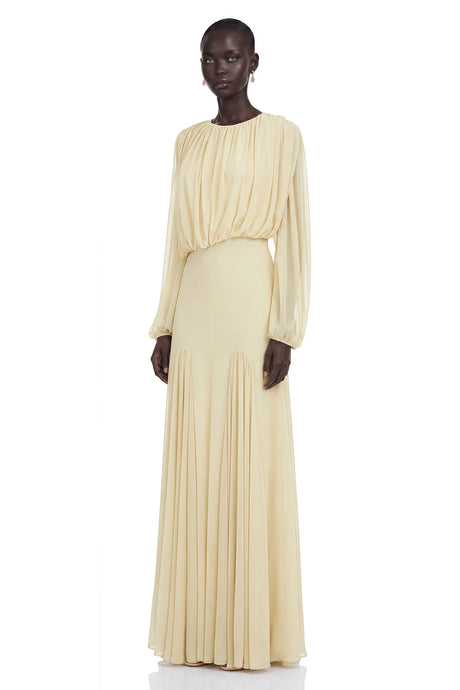 Annabelle Yellow Lantern Sleeve Pleated Maxi Dress