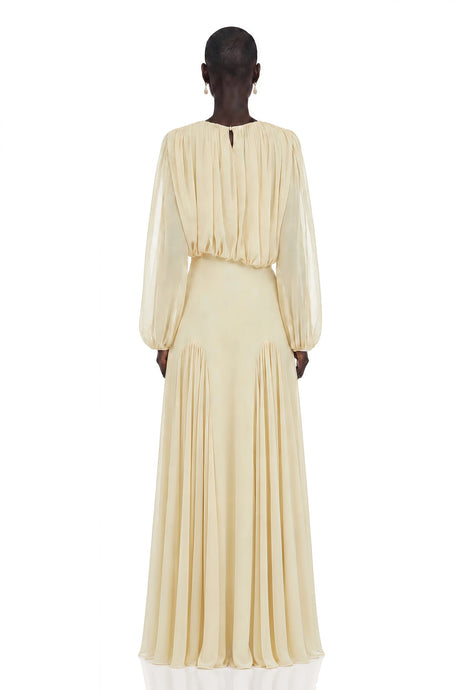 Annabelle Yellow Lantern Sleeve Pleated Maxi Dress