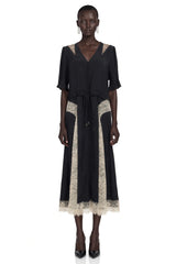 Annabeth Black VNeck Midi Dress with Lace Panels