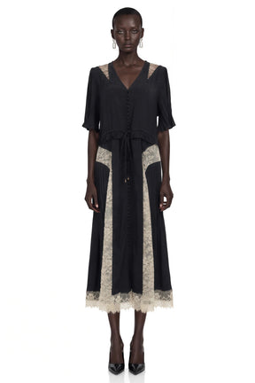 Annabeth Black VNeck Midi Dress with Lace Panels