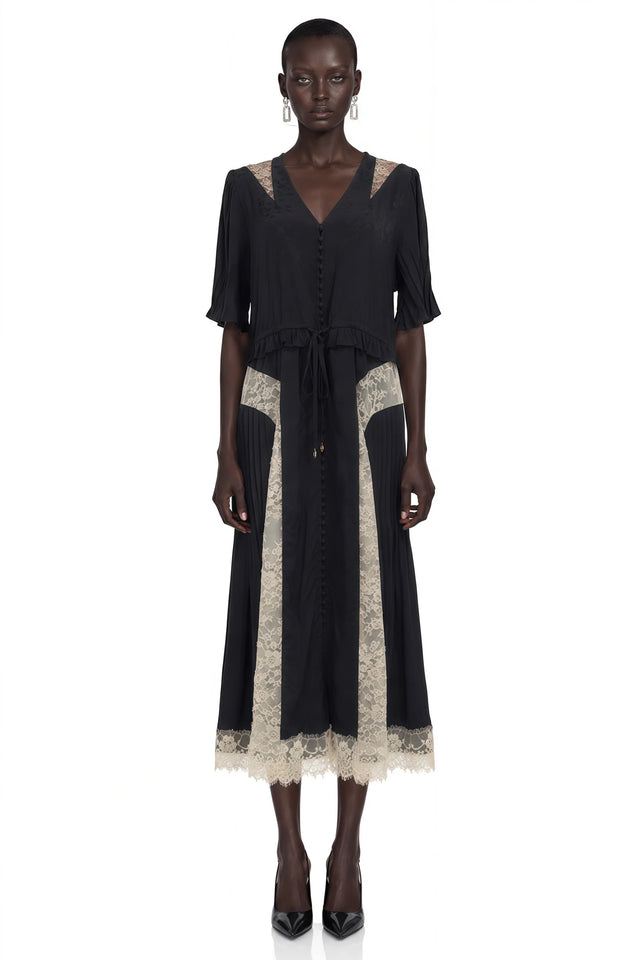 Annabeth Black VNeck Midi Dress with Lace Panels