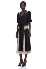 Annabeth Black VNeck Midi Dress with Lace Panels