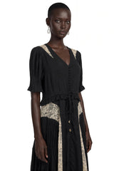 Annabeth Black VNeck Midi Dress with Lace Panels