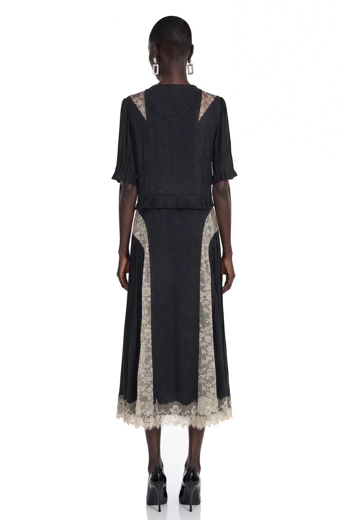 Annabeth Black VNeck Midi Dress with Lace Panels