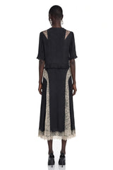 Annabeth Black VNeck Midi Dress with Lace Panels