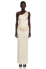 Annalise Champagne One Shoulder Ruched Maxi Dress
