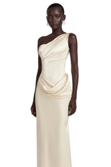 Annalise Champagne One Shoulder Ruched Maxi Dress