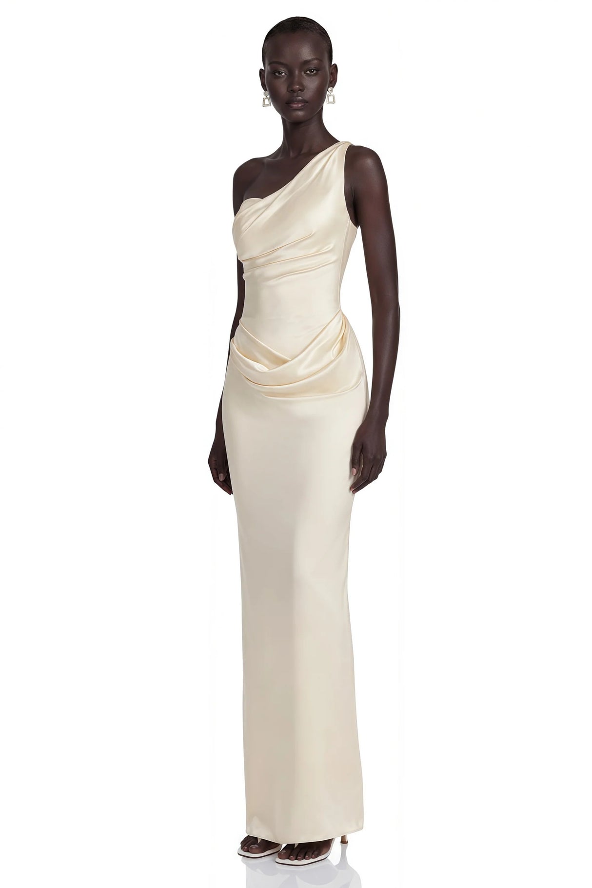 Annalise Champagne One Shoulder Ruched Maxi Dress