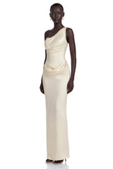 Annalise Champagne One Shoulder Ruched Maxi Dress