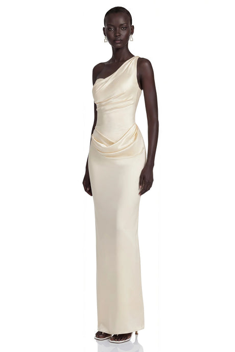 Annalise Champagne One Shoulder Ruched Maxi Dress