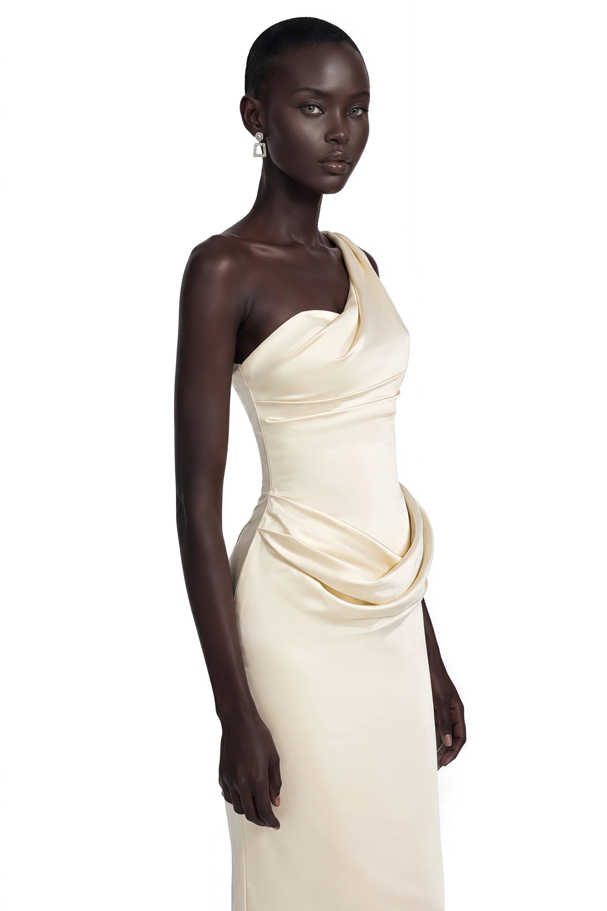 Annalise Champagne One Shoulder Ruched Maxi Dress