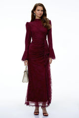 Anneke Red Lace Ruched Maxi Dress with Flared Sleeves