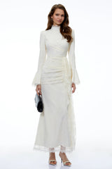 Anneke White Lace Ruched Maxi Dress with Flared Sleeves