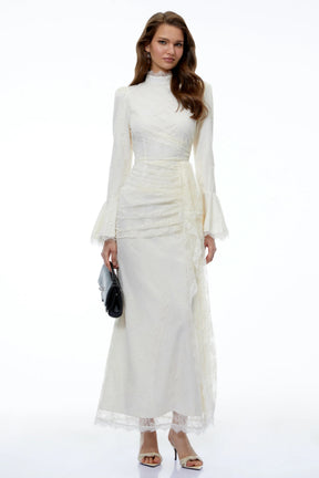 Anneke White Lace Ruched Maxi Dress with Flared Sleeves