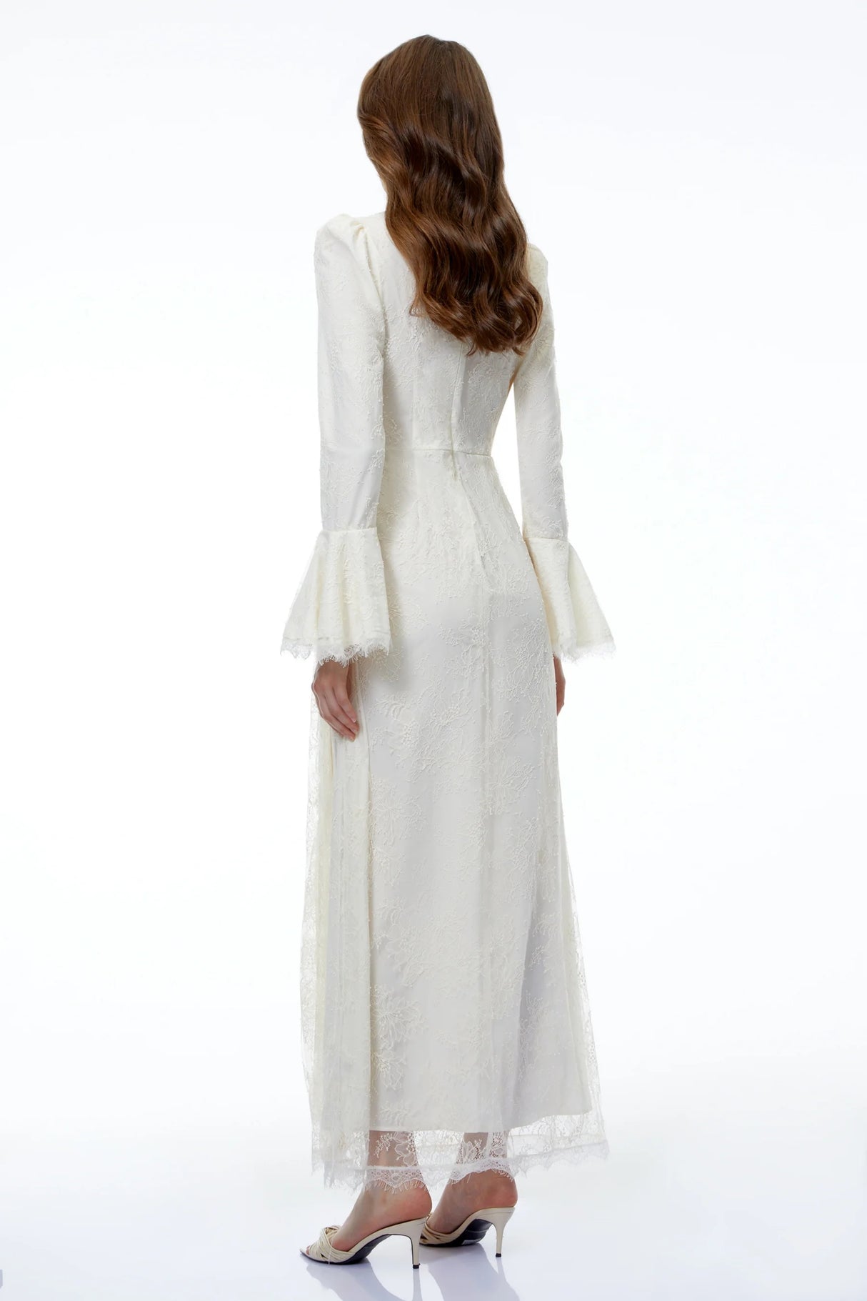 Anneke White Lace Ruched Maxi Dress with Flared Sleeves