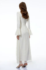 Anneke White Lace Ruched Maxi Dress with Flared Sleeves