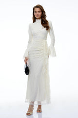 Anneke White Lace Ruched Maxi Dress with Flared Sleeves