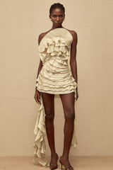 Anneli Neutral OffShoulder Ruffled Mini Dress