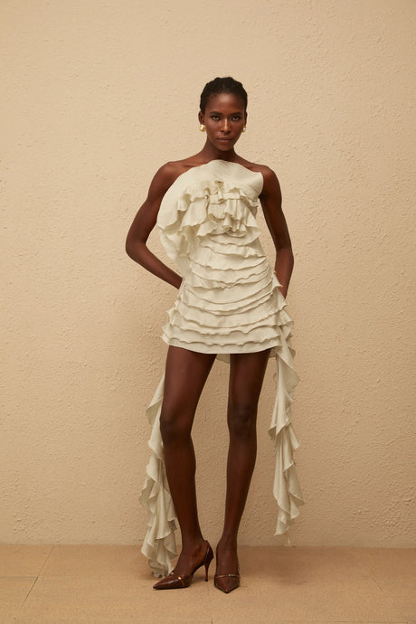 Anneli Neutral OffShoulder Ruffled Mini Dress