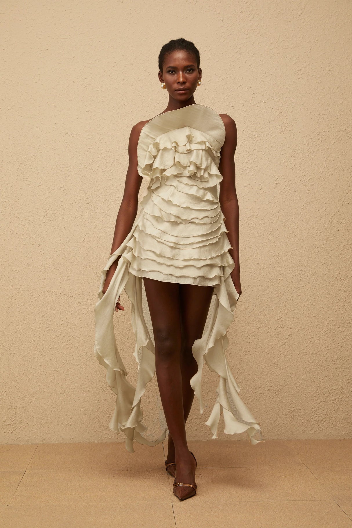 Anneli Neutral OffShoulder Ruffled Mini Dress