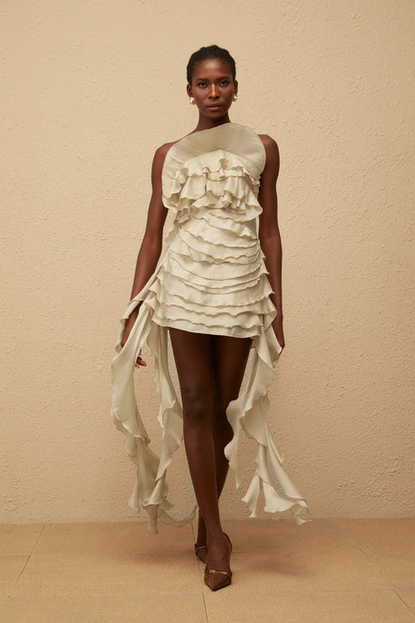 Anneli Neutral OffShoulder Ruffled Mini Dress