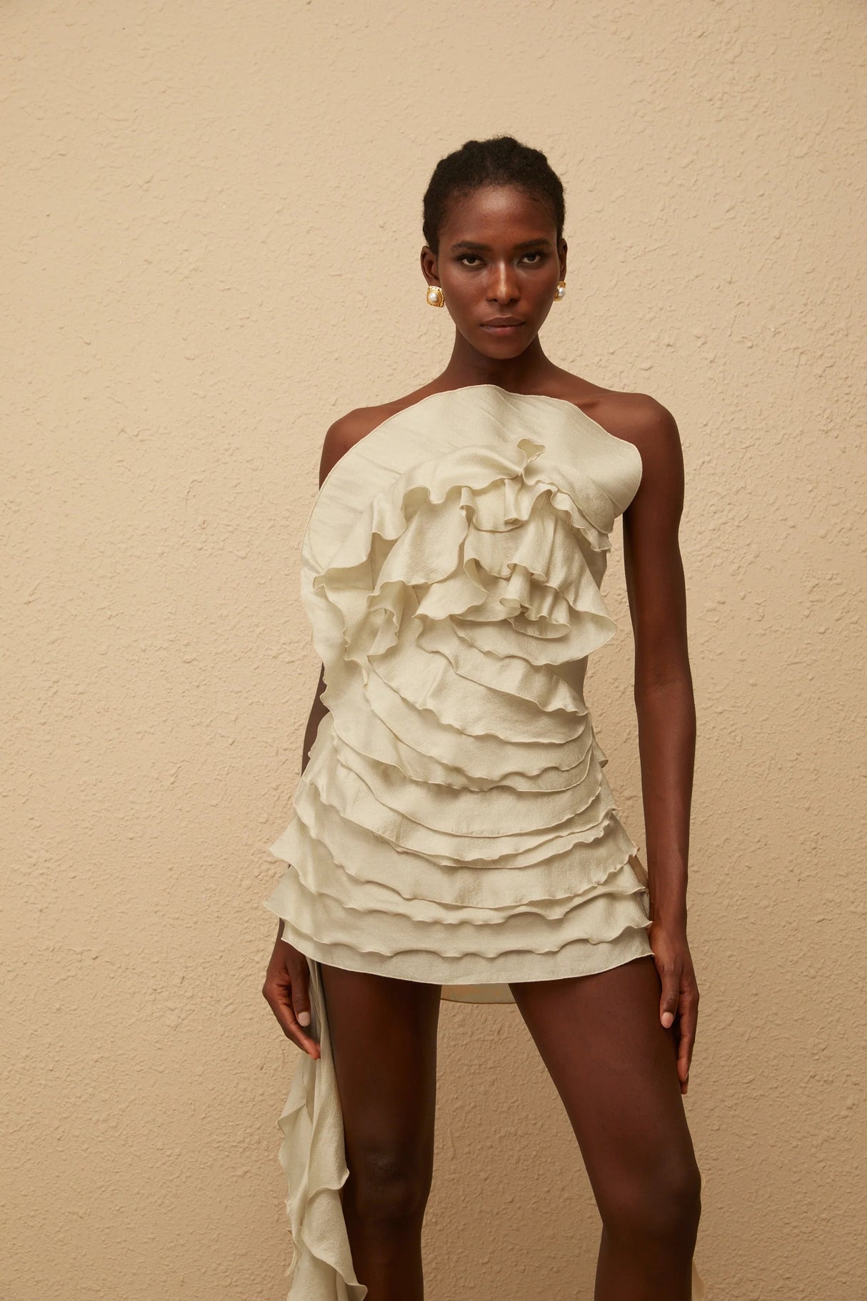 Anneli Neutral OffShoulder Ruffled Mini Dress