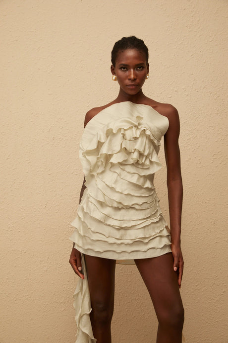 Anneli Neutral OffShoulder Ruffled Mini Dress