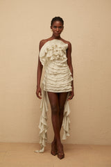 Anneli Neutral OffShoulder Ruffled Mini Dress