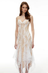 Annelise White Floral Lace Asymmetrical Midi Dress