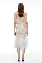 Annelise White Floral Lace Asymmetrical Midi Dress
