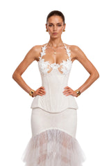 Annette White Halterneck Lace Ruffled Maxi Dress