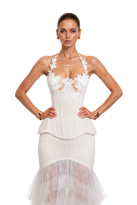 Annette White Halterneck Lace Ruffled Maxi Dress