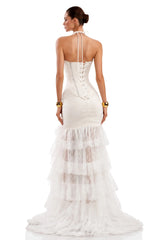 Annette White Halterneck Lace Ruffled Maxi Dress