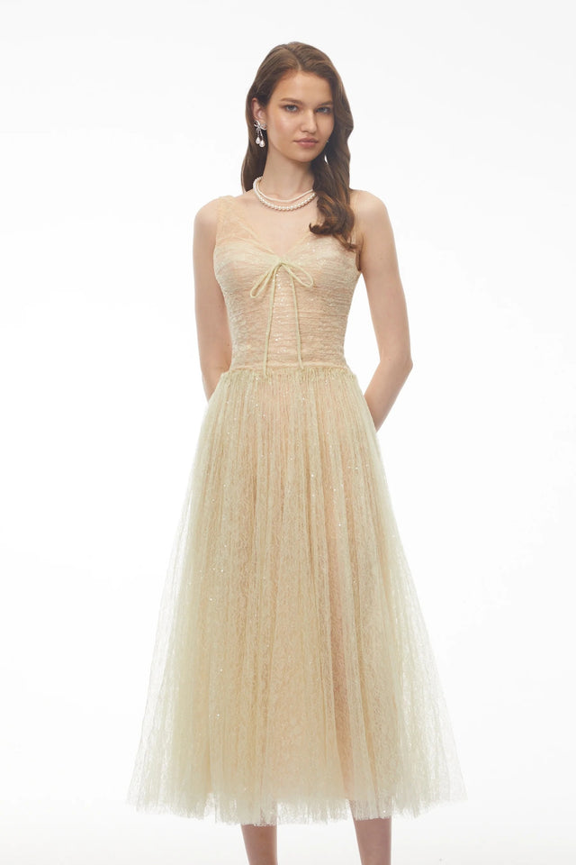 Annika Green Sequin Tulle Maxi Dress with Lace Panels