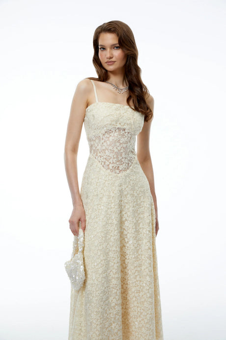Anouk Cream Sleeveless Maxi Dress with Lace Panels