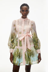 Antigone Pink Mini Dress with Lace Panels and Tie