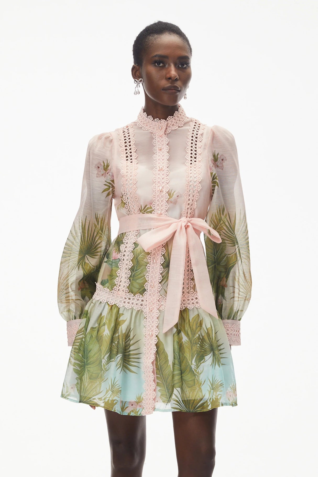 Antigone Pink Mini Dress with Lace Panels and Tie
