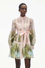 Antigone Pink Mini Dress with Lace Panels and Tie