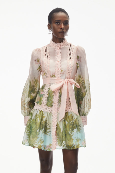 Antigone Pink Mini Dress with Lace Panels and Tie