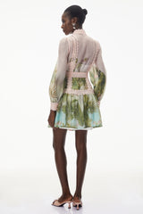 Antigone Pink Mini Dress with Lace Panels and Tie