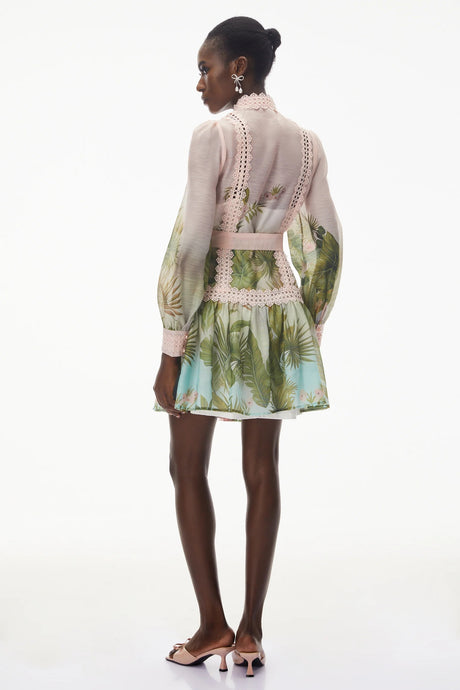 Antigone Pink Mini Dress with Lace Panels and Tie