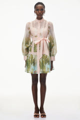 Antigone Pink Mini Dress with Lace Panels and Tie
