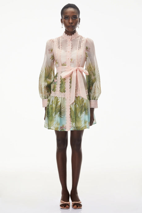 Antigone Pink Mini Dress with Lace Panels and Tie