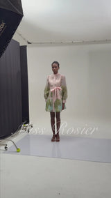 Antigone Pink Mini Dress with Lace Panels and Tie